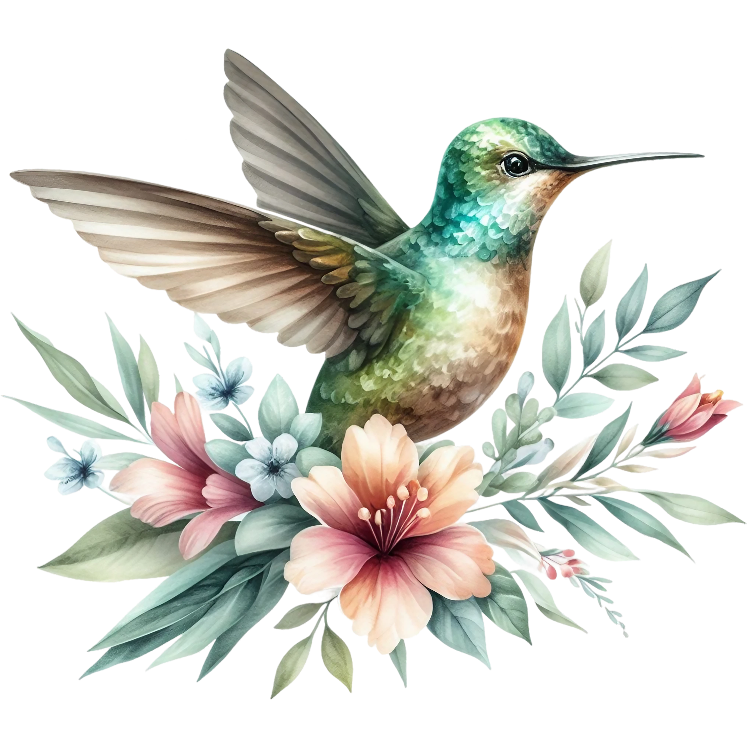 Watercolor Hummingbird Floral Fabric Panel 2