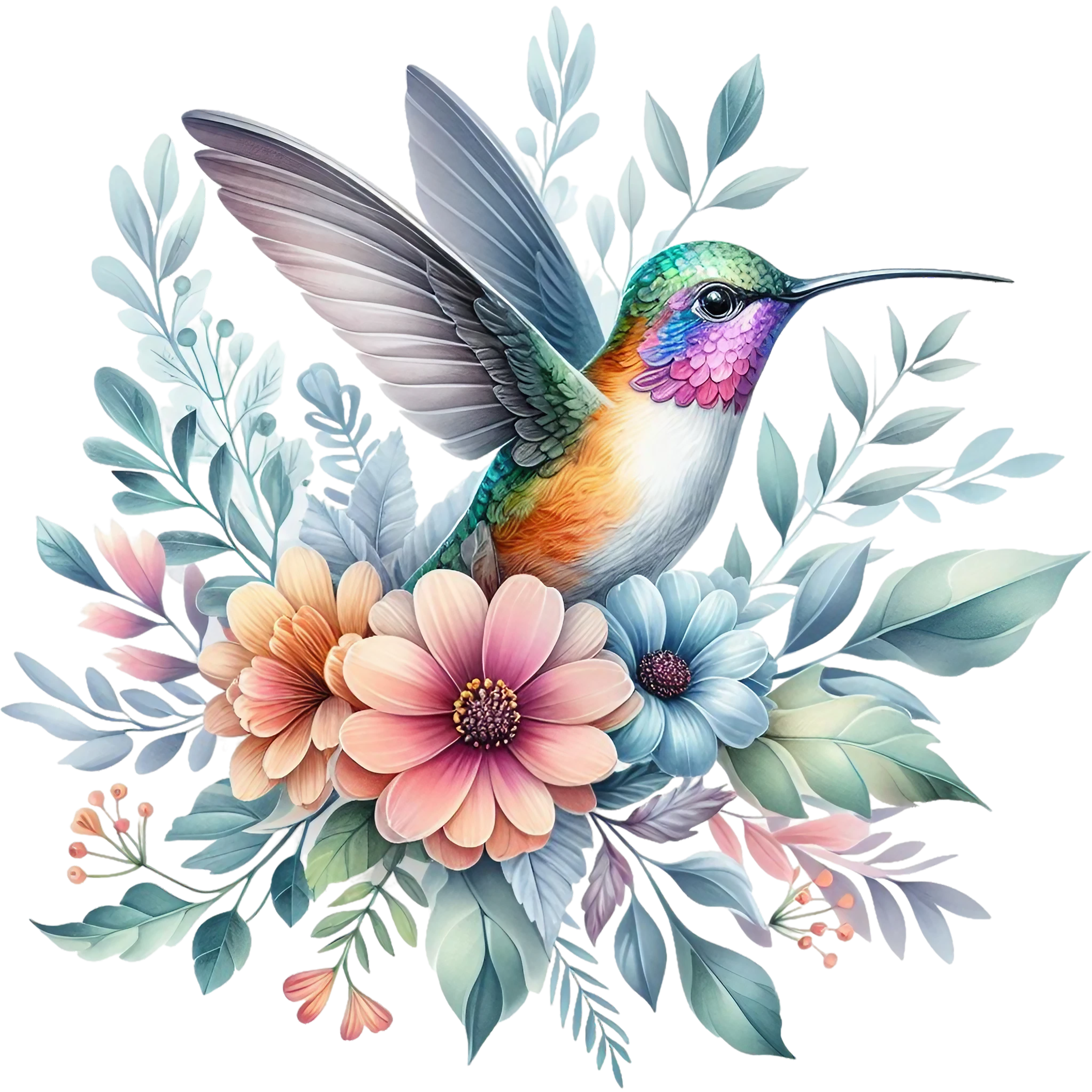Watercolor Hummingbird Floral Fabric Panel 22