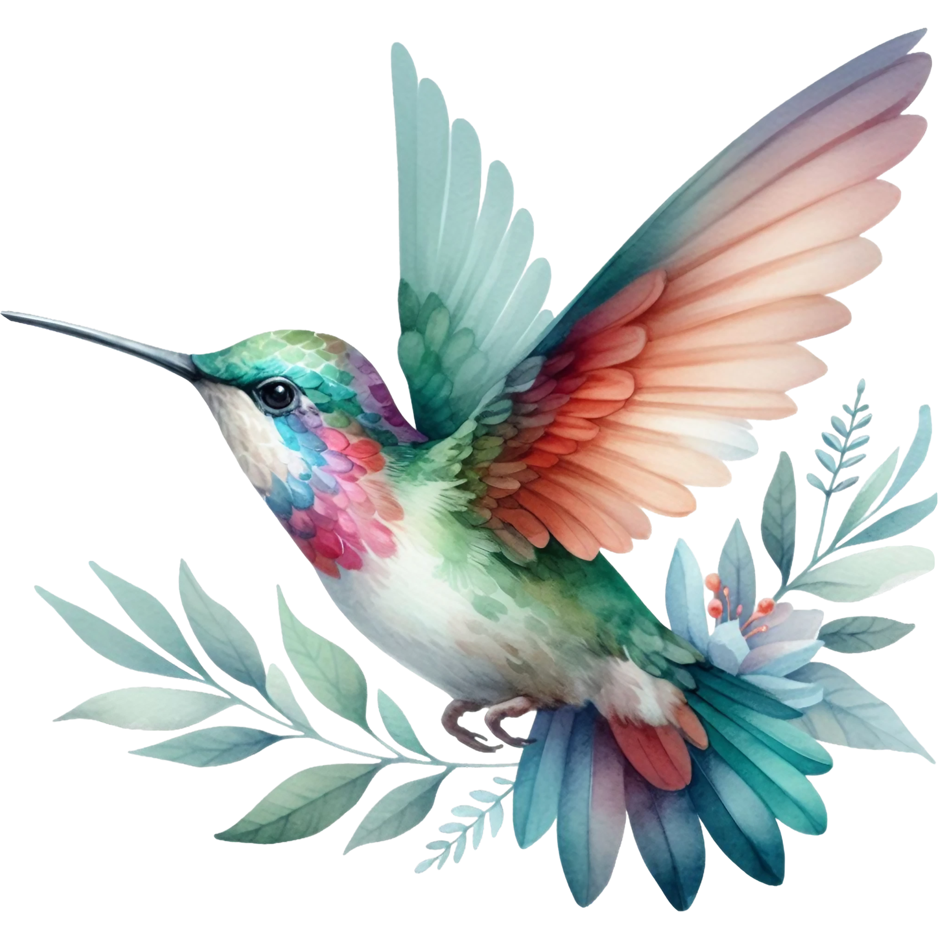 Watercolor Hummingbird Floral Fabric Panel 25