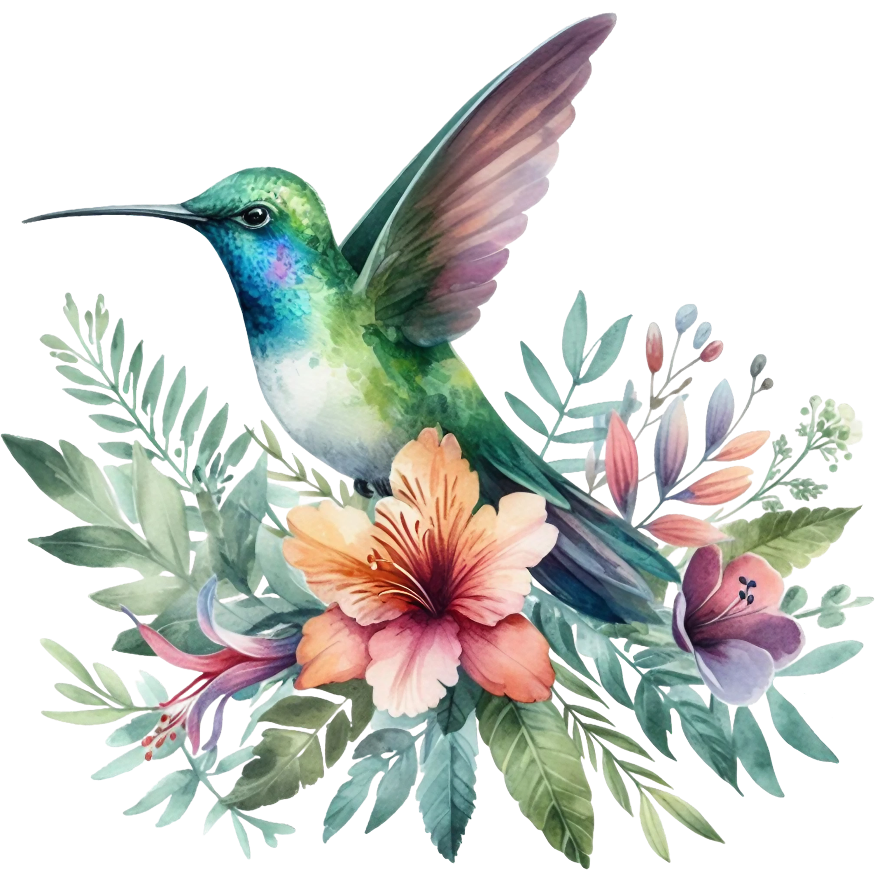 Watercolor Hummingbird Floral Fabric Panel 27