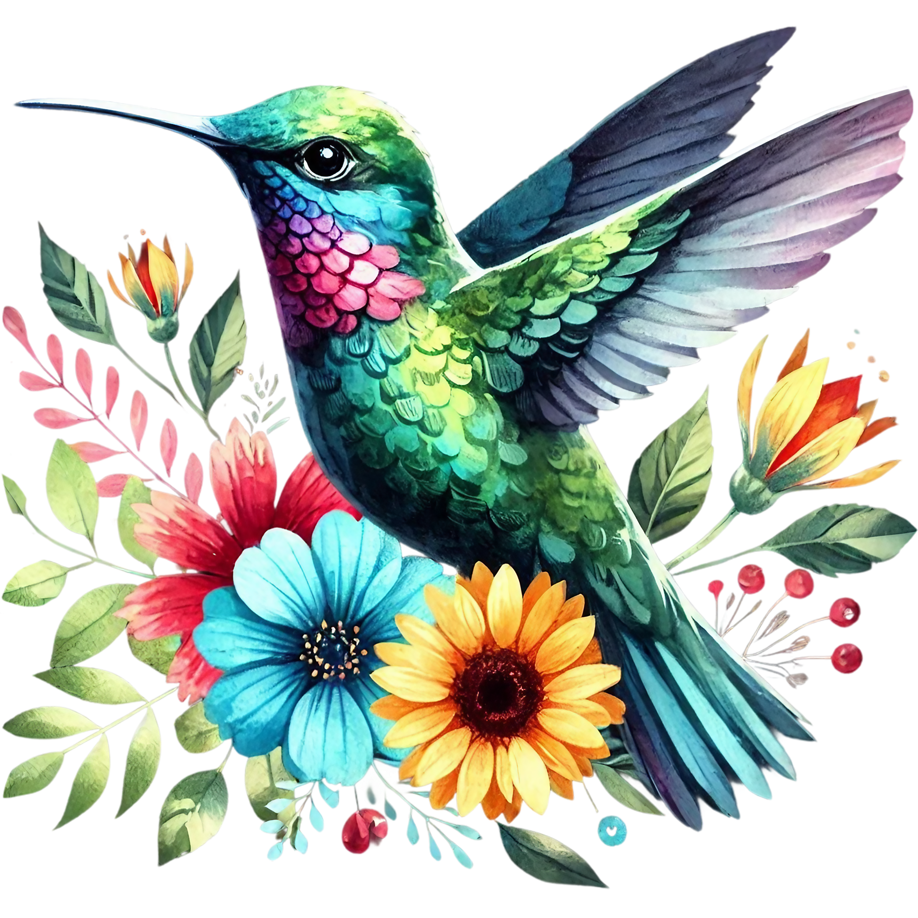Watercolor Hummingbird Floral Fabric Panel 28