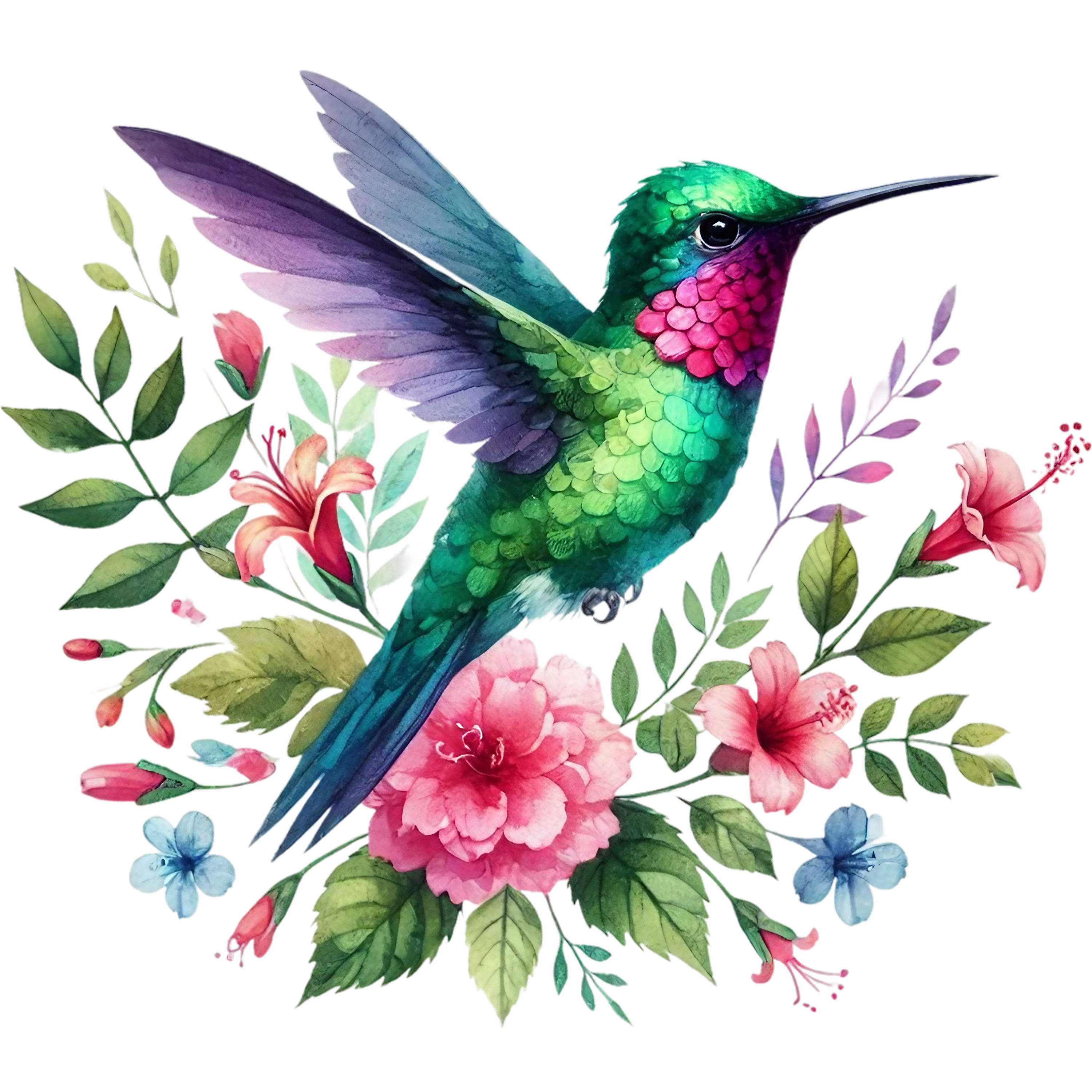 Watercolor Hummingbird Floral Fabric Panel 29
