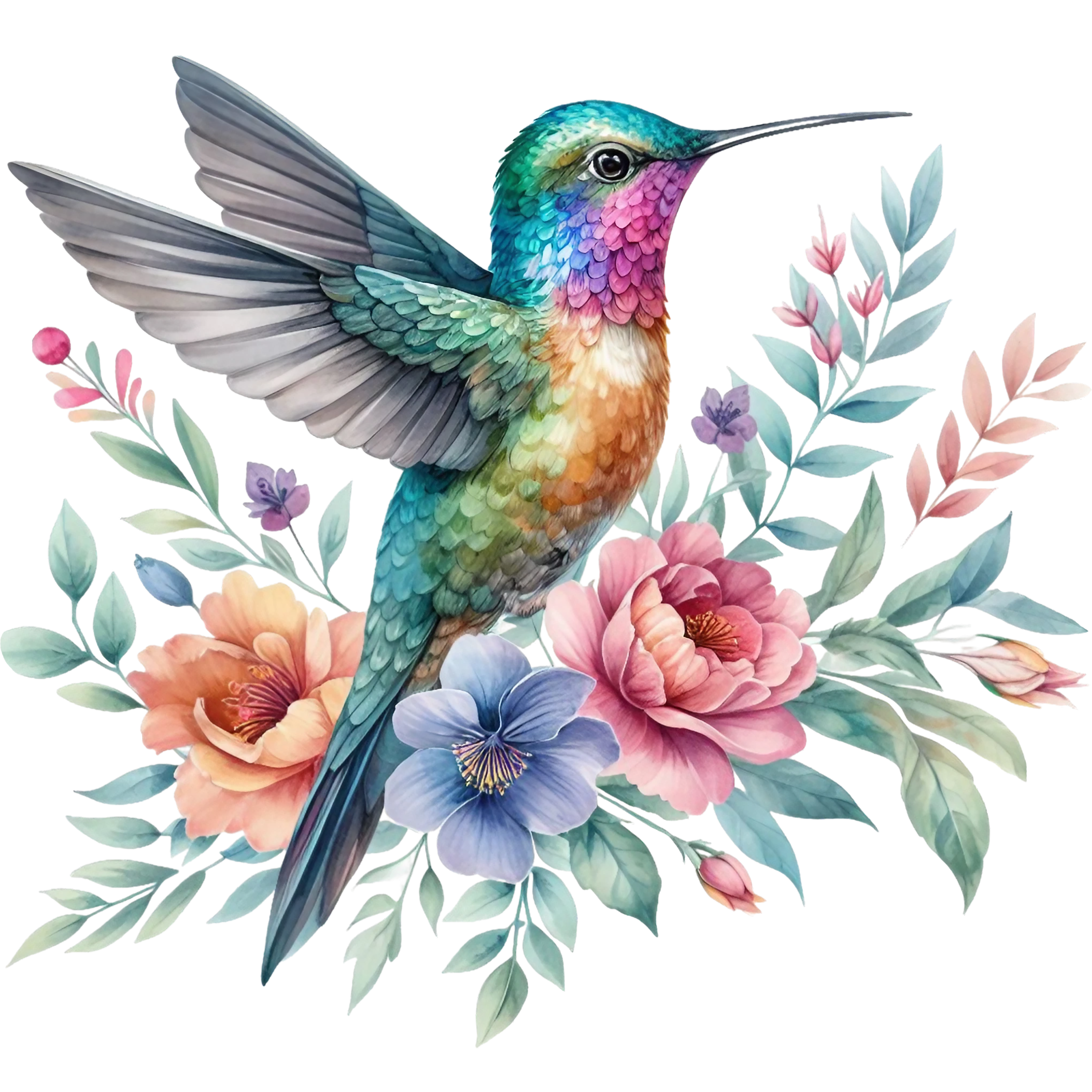 Watercolor Hummingbird Floral Fabric Panel 3