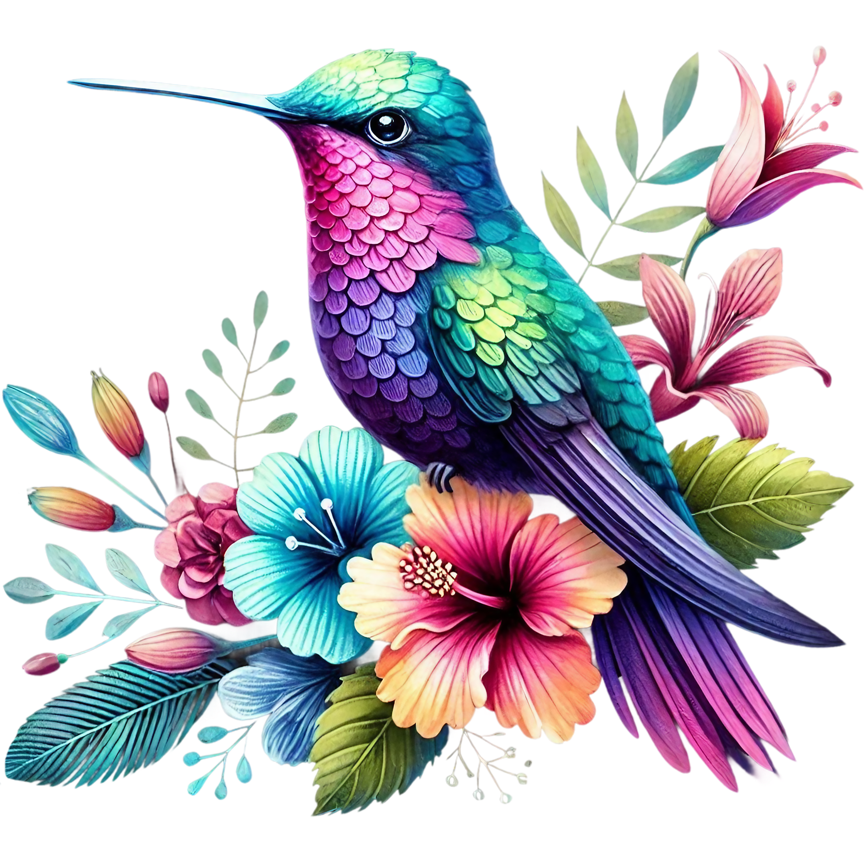 Watercolor Hummingbird Floral Fabric Panel 37