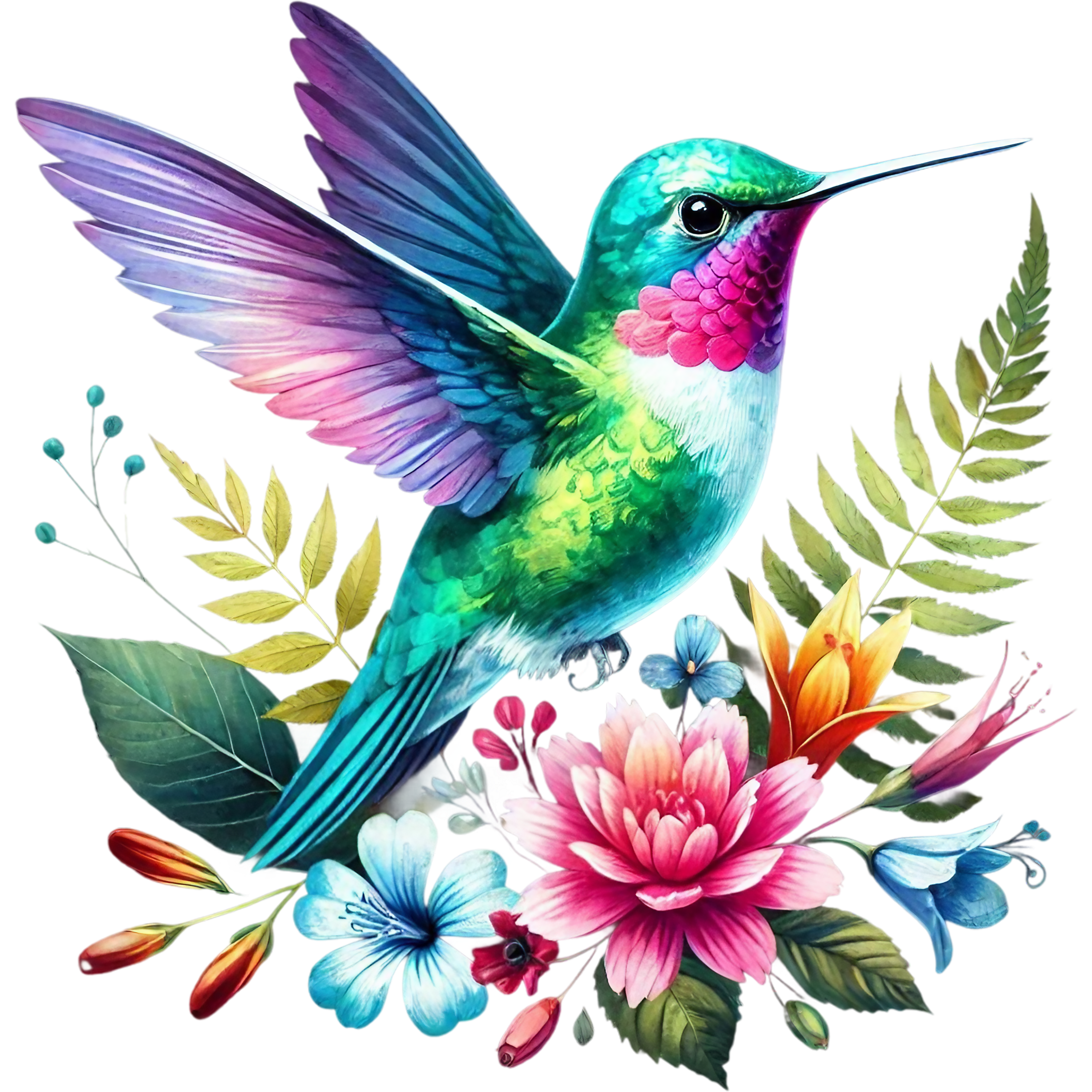 Watercolor Hummingbird Floral Fabric Panel 39