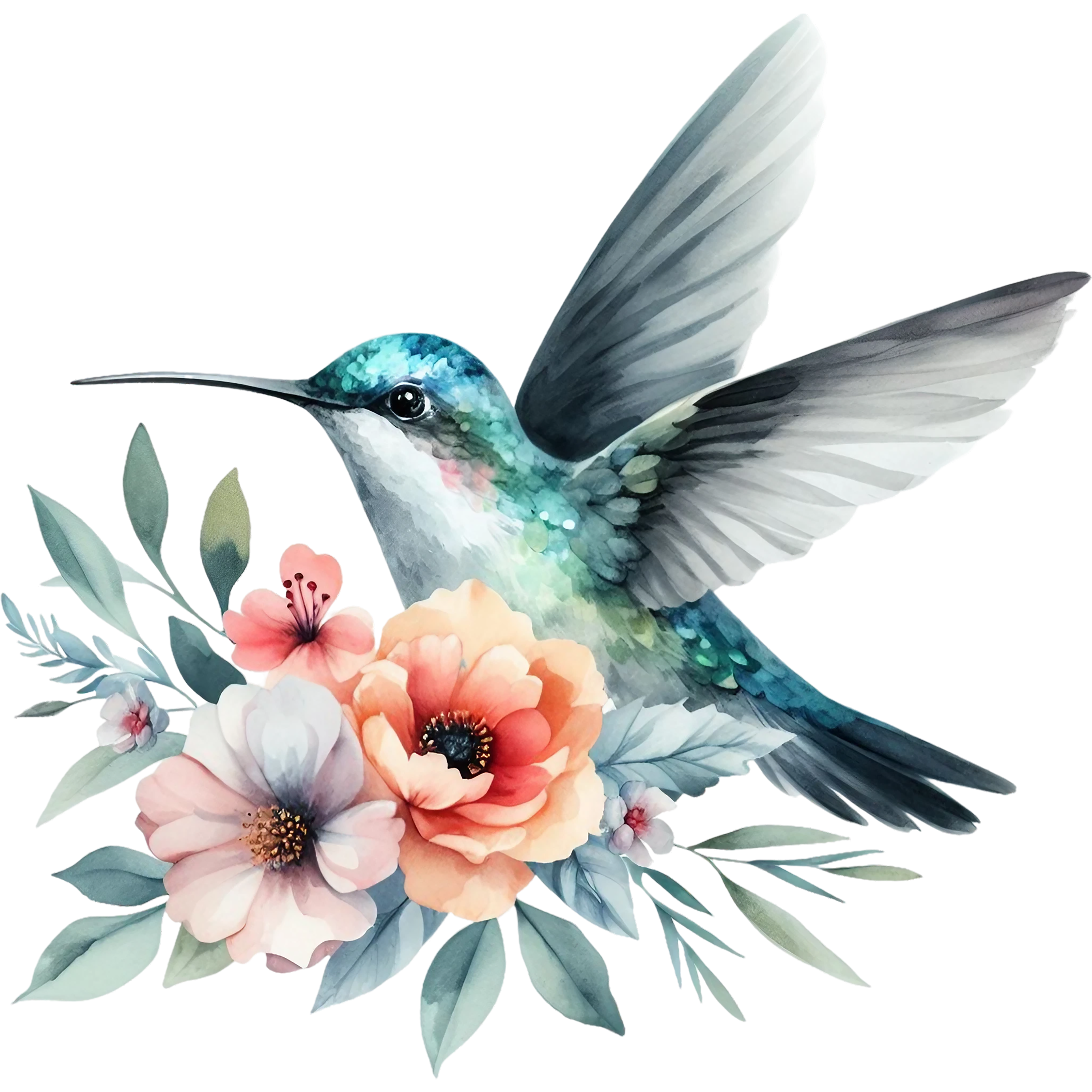 Watercolor Hummingbird Floral Fabric Panel 5