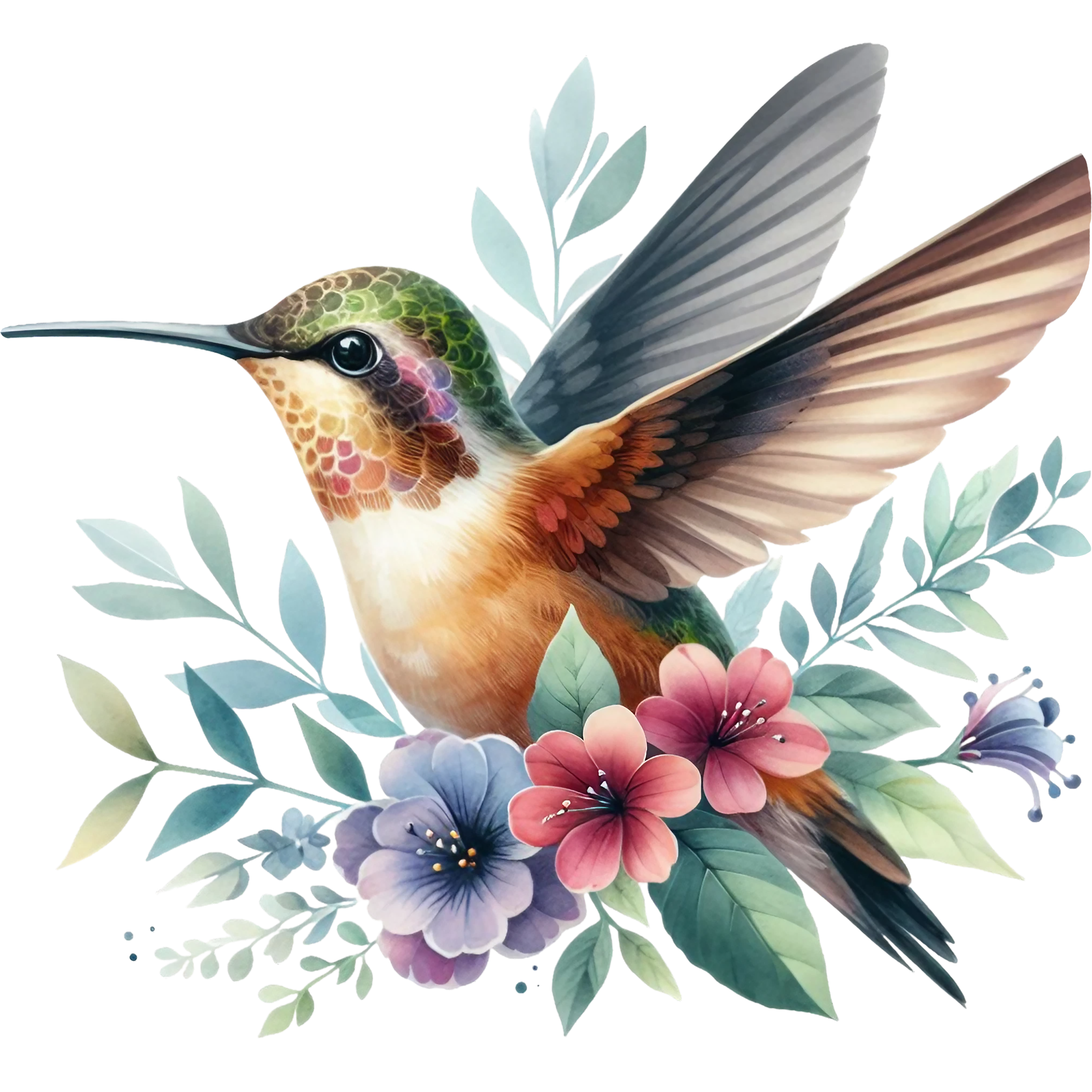 Watercolor Hummingbird Floral Fabric Panel 6