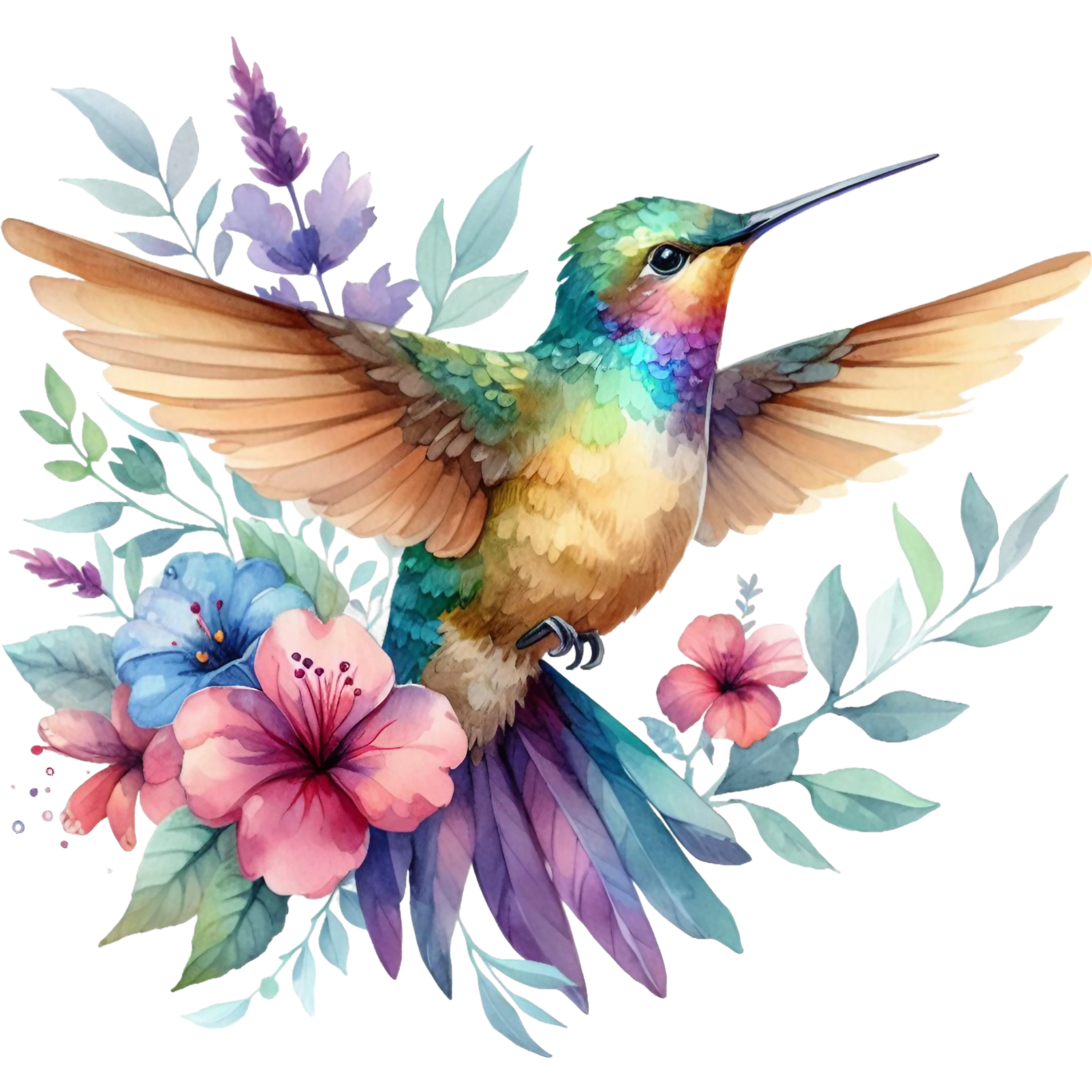 Watercolor Hummingbird Floral Fabric Panel 8