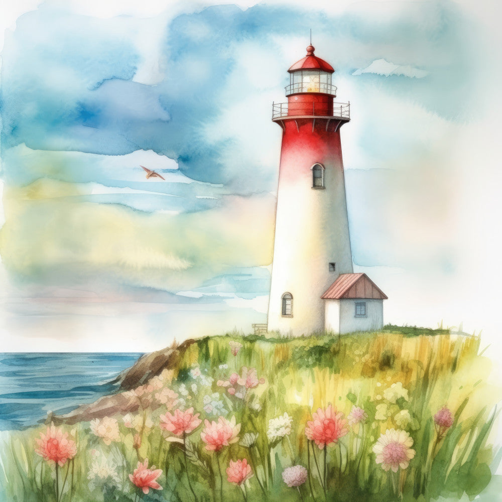 Watercolor Lighthouse Fabric Panel 3