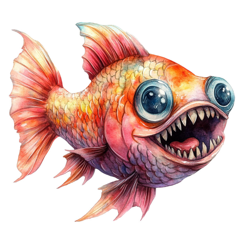 Watercolor Scary Fish Fabric Panel 24 QuiltingFabricPanels