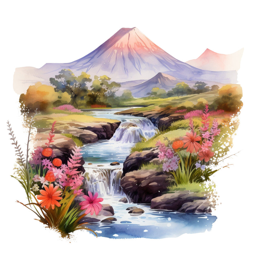 Watercolor Volcano Fabric Panel 3 QuiltingFabricPanels