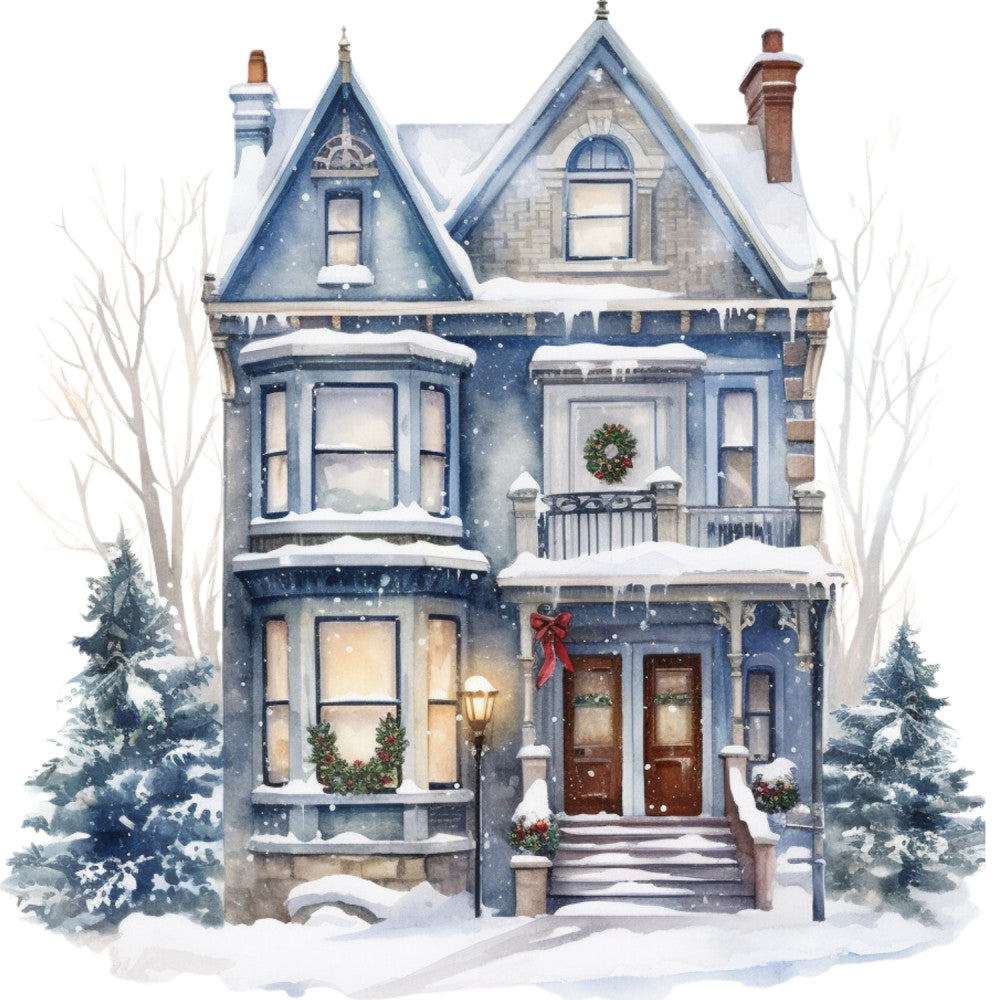Watercolor Winter Houses Fabric Panel 26 QuiltingFabricPanels