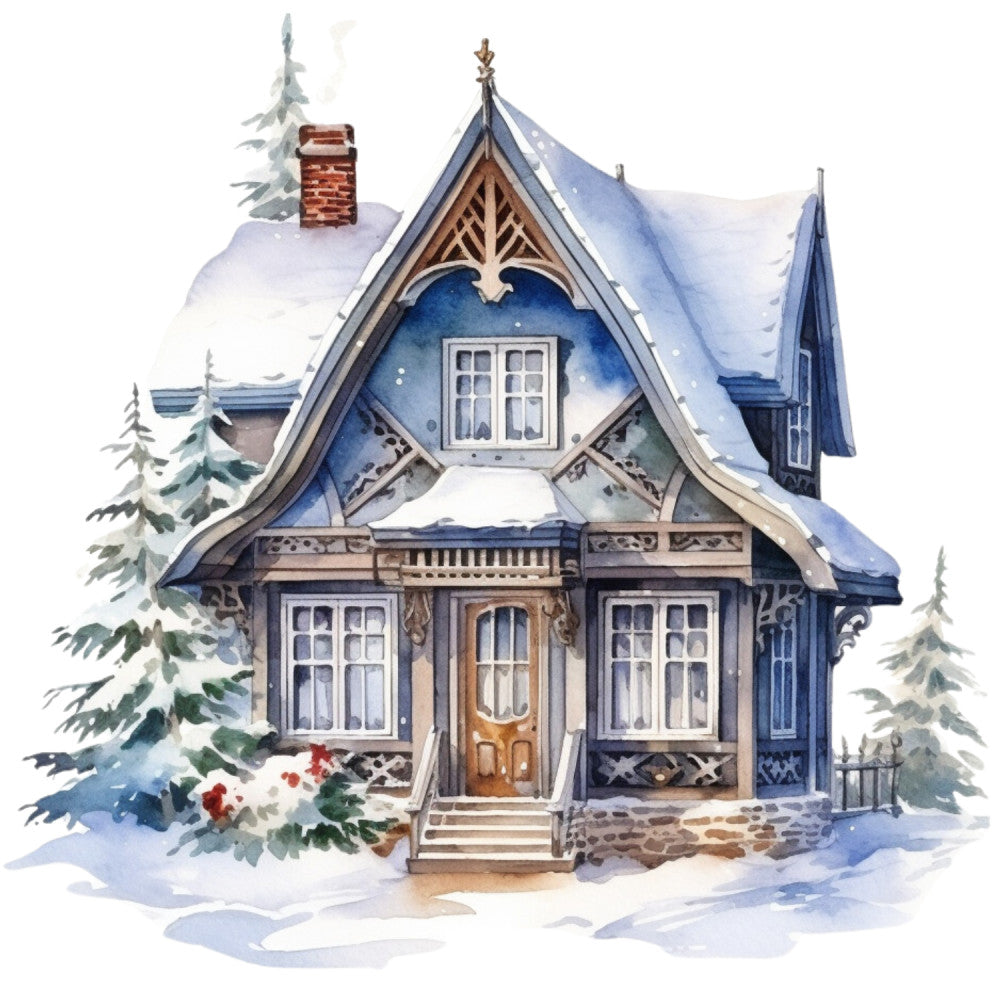 Watercolor Winter Houses Fabric Panel 35 QuiltingFabricPanels