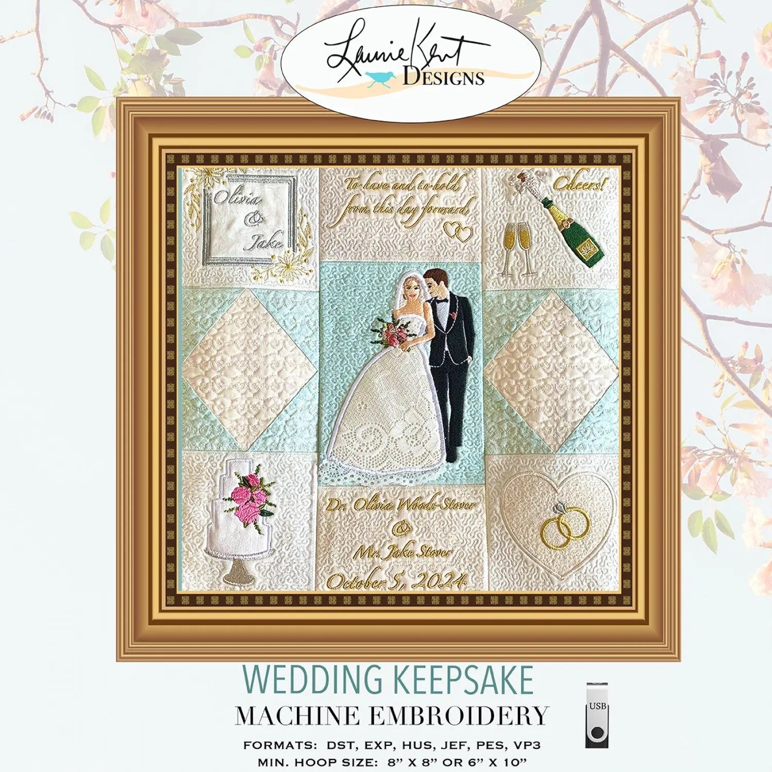 Wedding Keepsake Wall Hanging Embroidery Pattern with USB Laurie Kent Designs