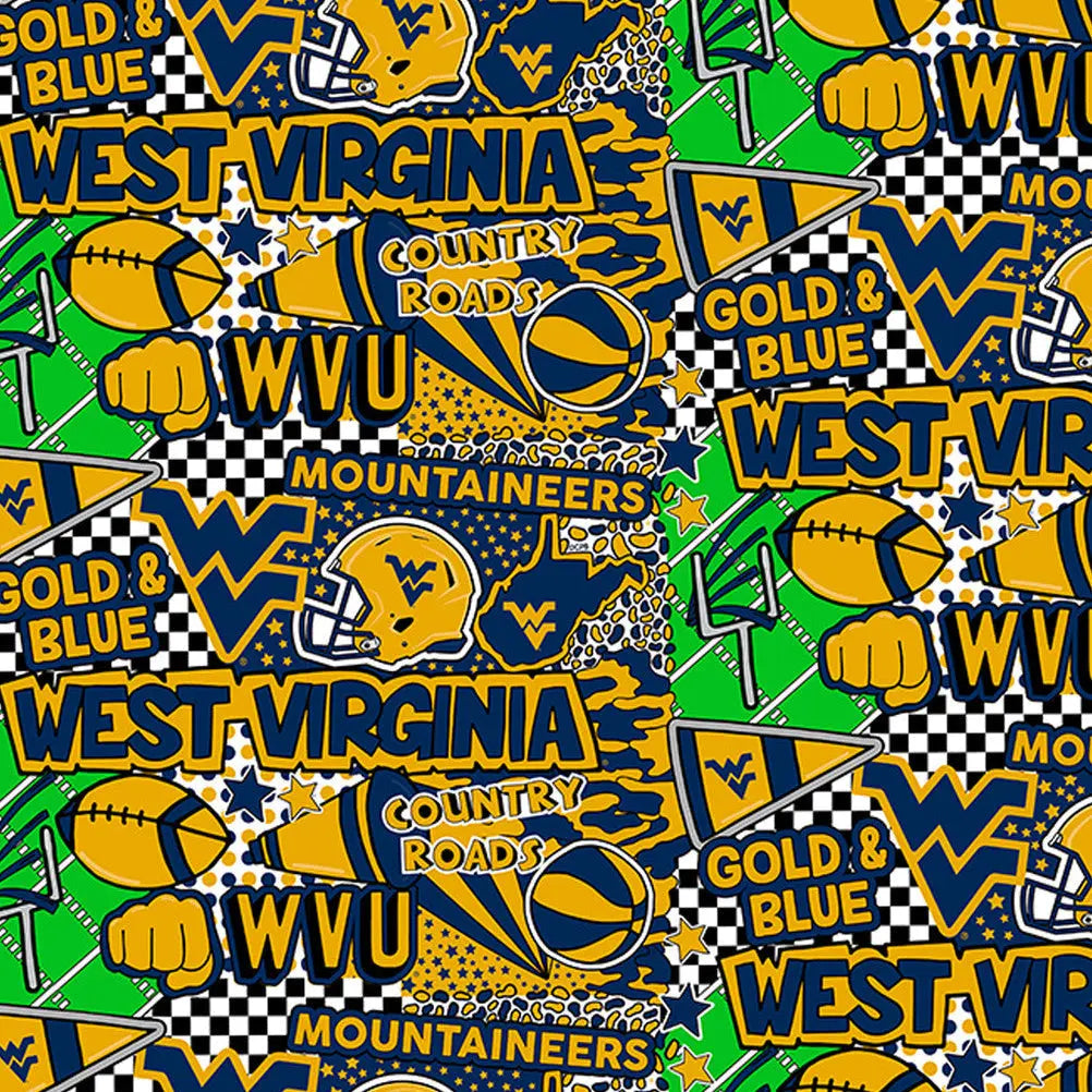 Sykel West Virginia Mountaineers pop art licensed collegiate cotton by the yard