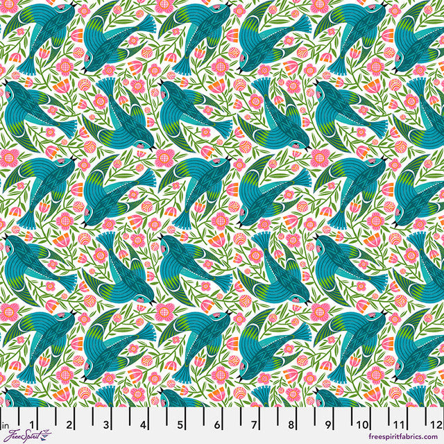 White Blue Birdy What the Birds Said Cotton 44"/45" Fabric Per Yard