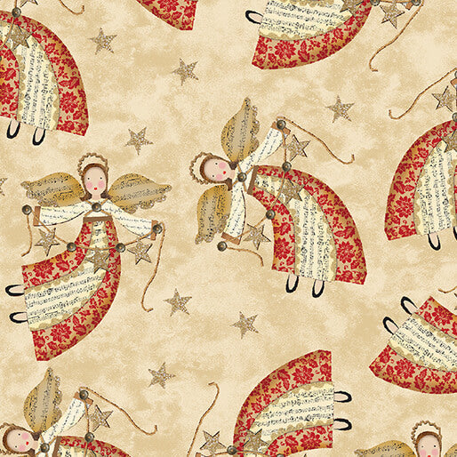 White Christmas Angels quilting fabric in tan by Jessica Flick for Benartex, angel holiday print on tan cotton, sold by the yard