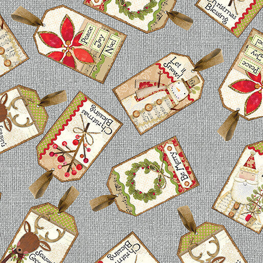 White Christmas - Tossed Tags - Grey 44" / 45" Fabric Per Yard