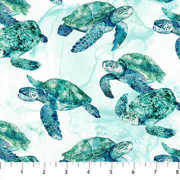 White Multi Turtles Coral Reef 44"/45" Cotton Fabric Per Yard