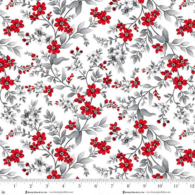 White Red Floral Vine Scarlet's Treasure 44"/45" Cotton Fabric Per Yard