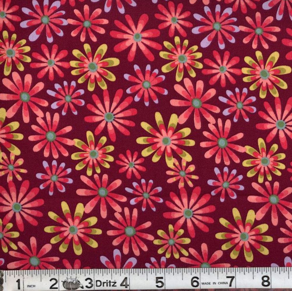 Wine Flower Power 45" Wide Cotton Fabric Per Yard