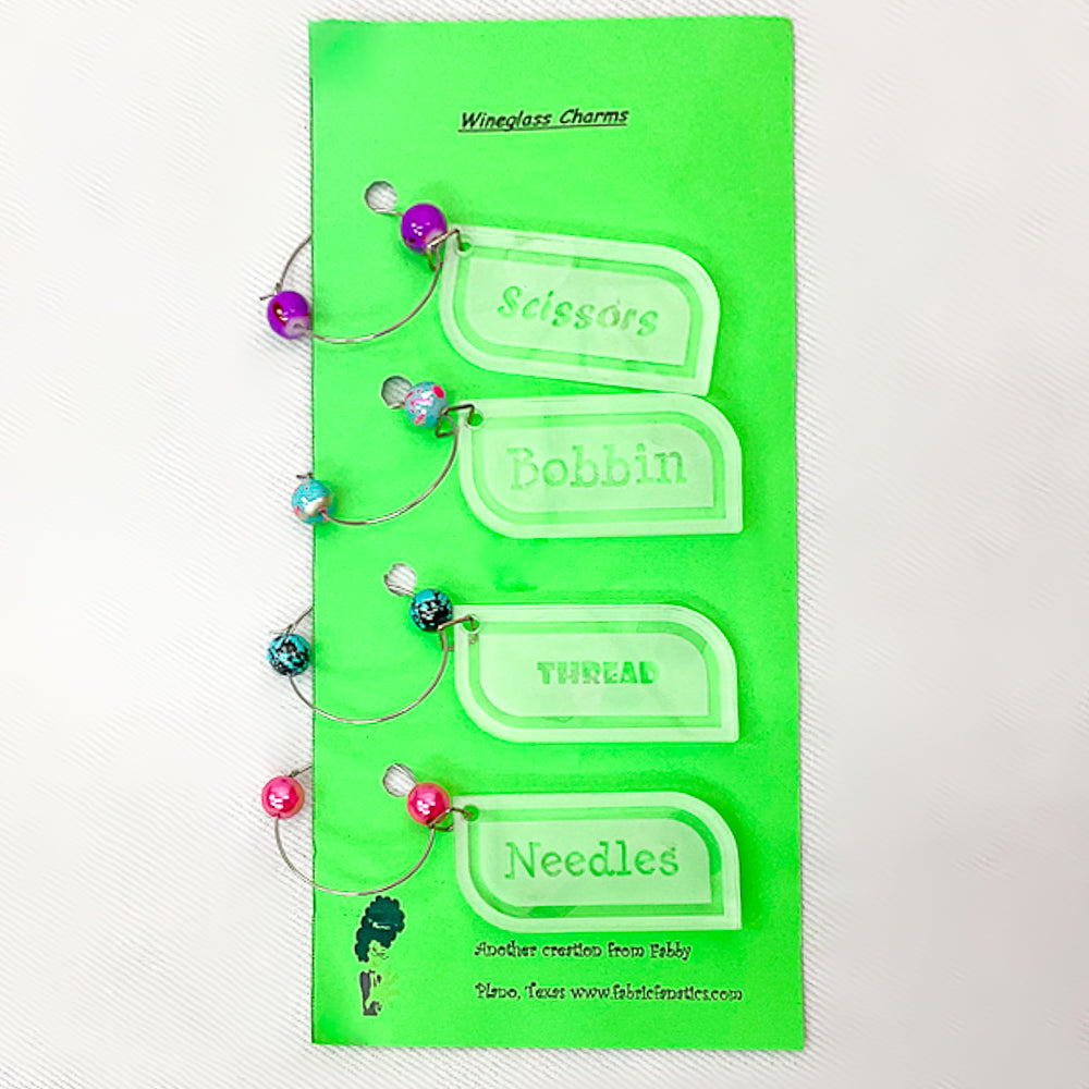 Wineglass Charms Set Of Four with Different Sayings Fabric Fanatics Bead color 2