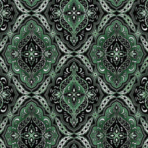 Winterberry Floral Medallion quilting fabric in dark green by Benartex, floral medallion print on green cotton, sold by the yard