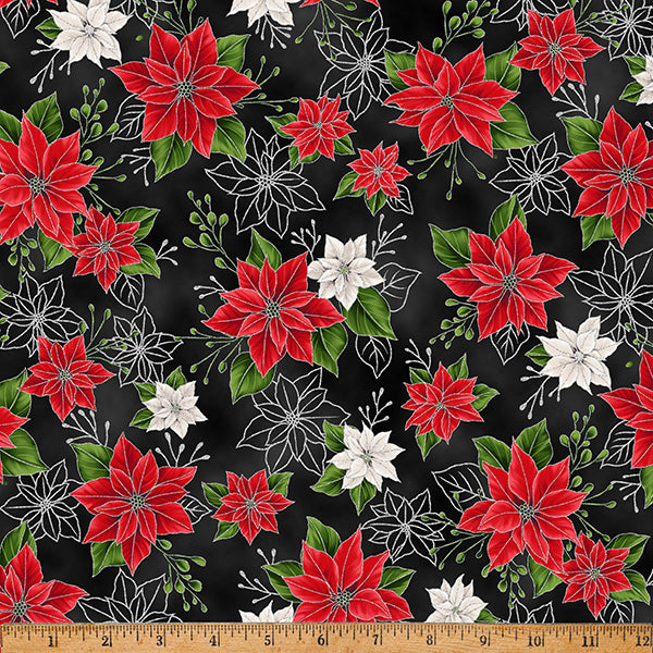 Blooming Holidays Elegant Poinsettias Silver Cotton 43"/44" Fabric Per Yard