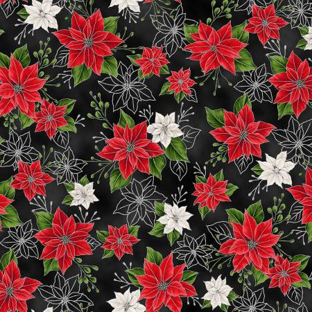 Blooming Holidays Elegant Poinsettias Onyx Silver Cotton 43"/44" Fabric Per Yard