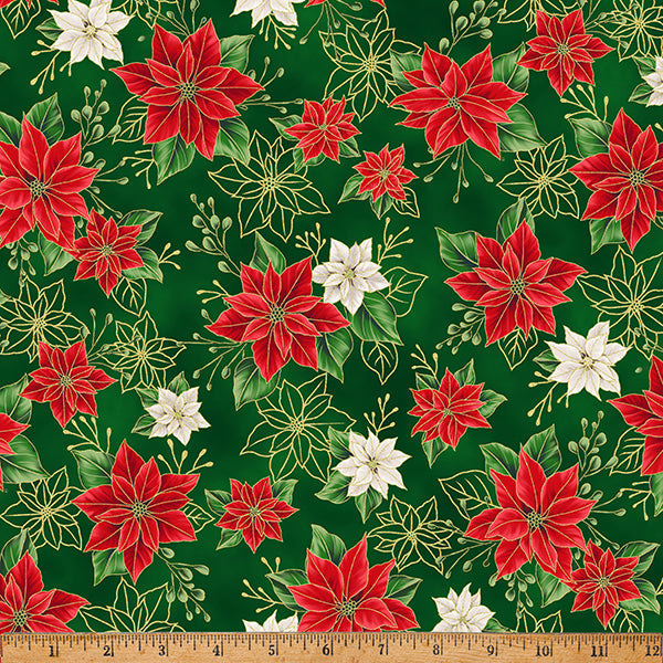 Blooming Holidays Elegant Poinsettias Hunter Metallic Gold Cotton 43"/44" Fabric Per Yard