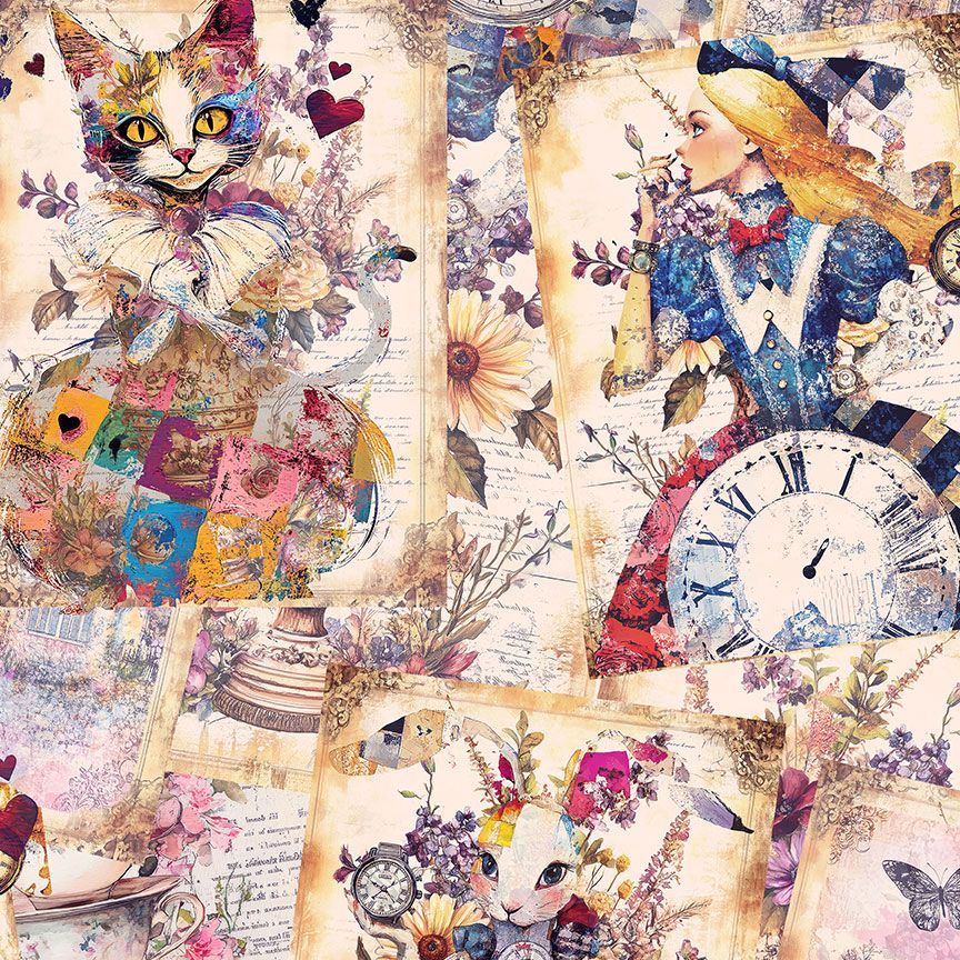 Multi Alice's Dream Collage Cotton Wideback Fabric Per Yard