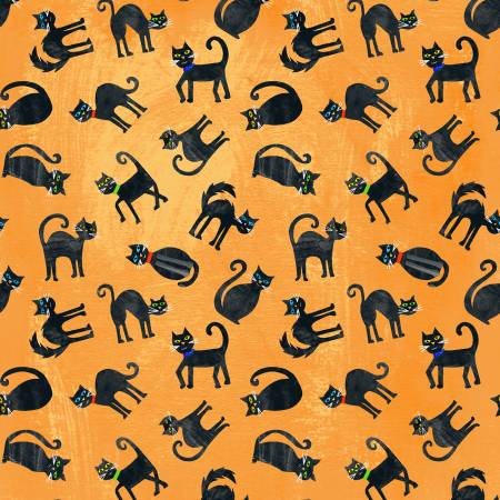 Clothworks Haunted Hollow orange scaredy cats Halloween quilting cotton fabric