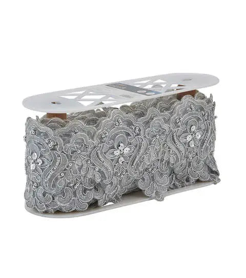 Yaya Han Sew on Fae Lace Trim with Beads 5" Silver - Per Yard