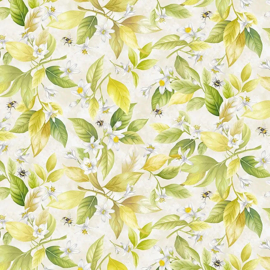 Yellow Lemon Blossoms & Bees Cotton Wideback Fabric Per Yard Timeless Treasures