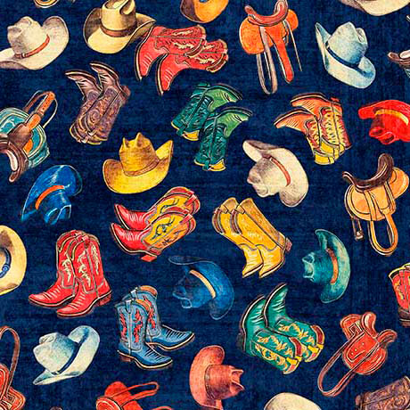 Yippie Ki Yay! Cowboy Boots & Hats Navy Cotton 44"/45" Fabric Per Yard
