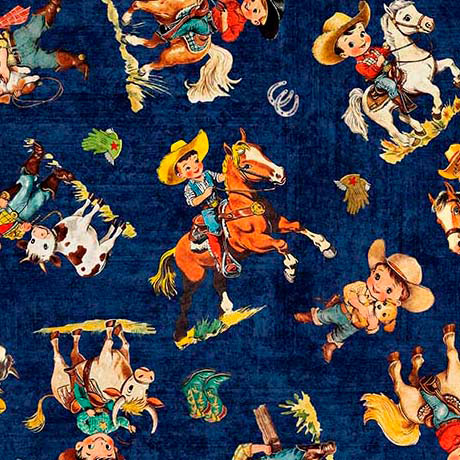 Yippie Ki Yay! Cowboy/Cowgirl Toss Navy Cotton 44"/45" Fabric Per Yard