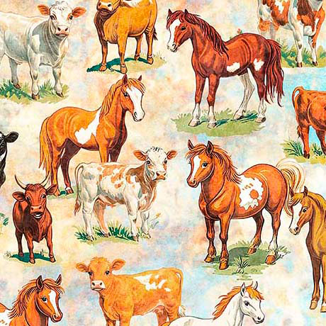 Yippie Ki Yay! Cows & Horses Tan Cotton 44"/45" Fabric Per Yard