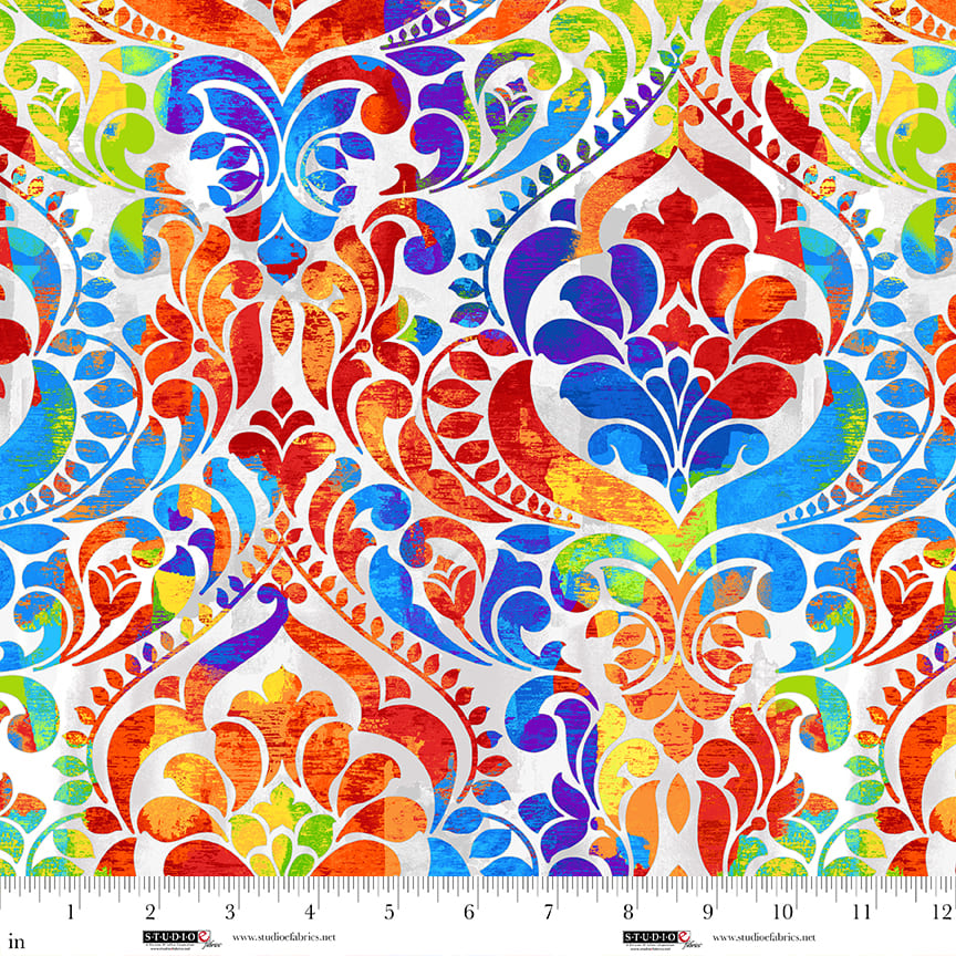 You Damask! Rainbow Cotton Wideback Fabric per yard