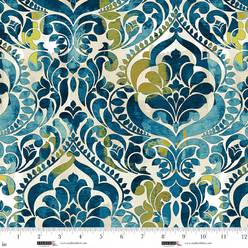 You Damask! Teal Cotton Wideback Fabric per yard
