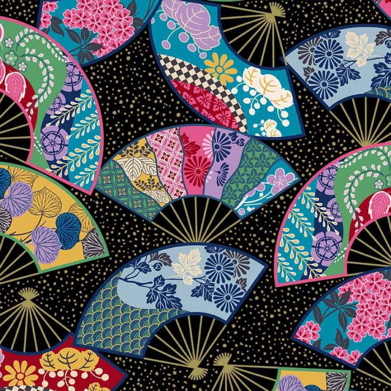 Black Whispering Fans (Metallic) Cotton 43"/44" Fabric Per Yard