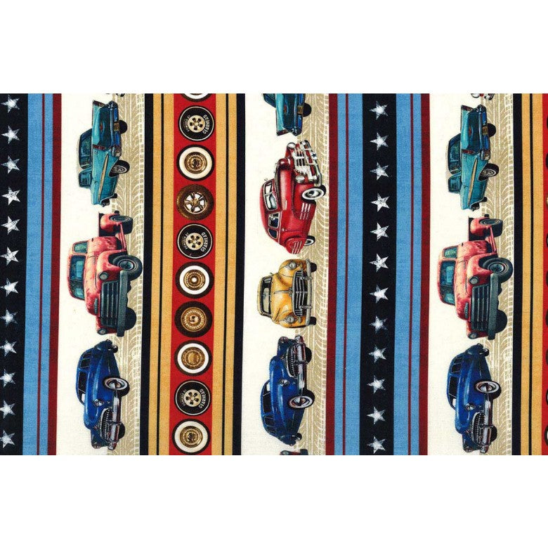 Multi Vintage Car Stripe Route 66 Cotton 44"/45" Fabric Per Yard