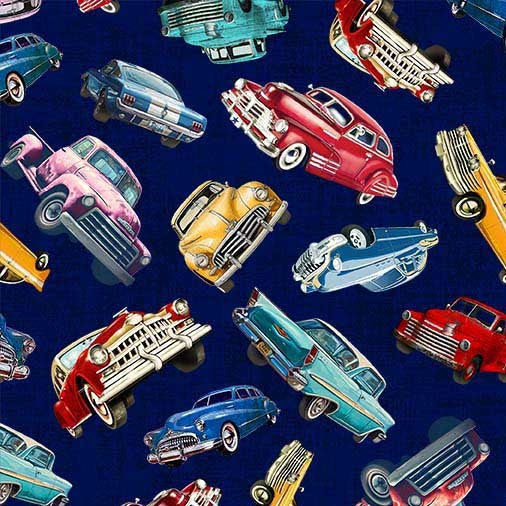 Navy Classic Cars Route 66 Cotton 44"/45" Fabric Per Yard