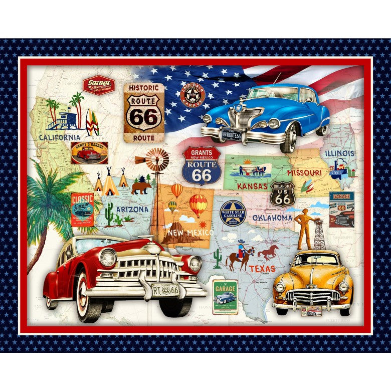Multi Route 66 Panel - 36" Repeat Fabric Per Yard
