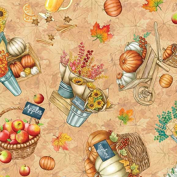 Autumn Scenes Honey 44"/45" Cotton Fabric Per Yard