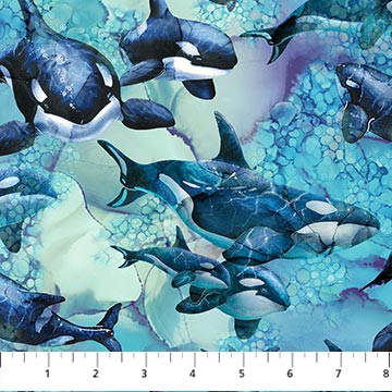 Northcott Whale Song multi blue whales quilting cotton