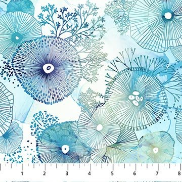 Northcott Whale Song sea anemones light blue quilting cotton