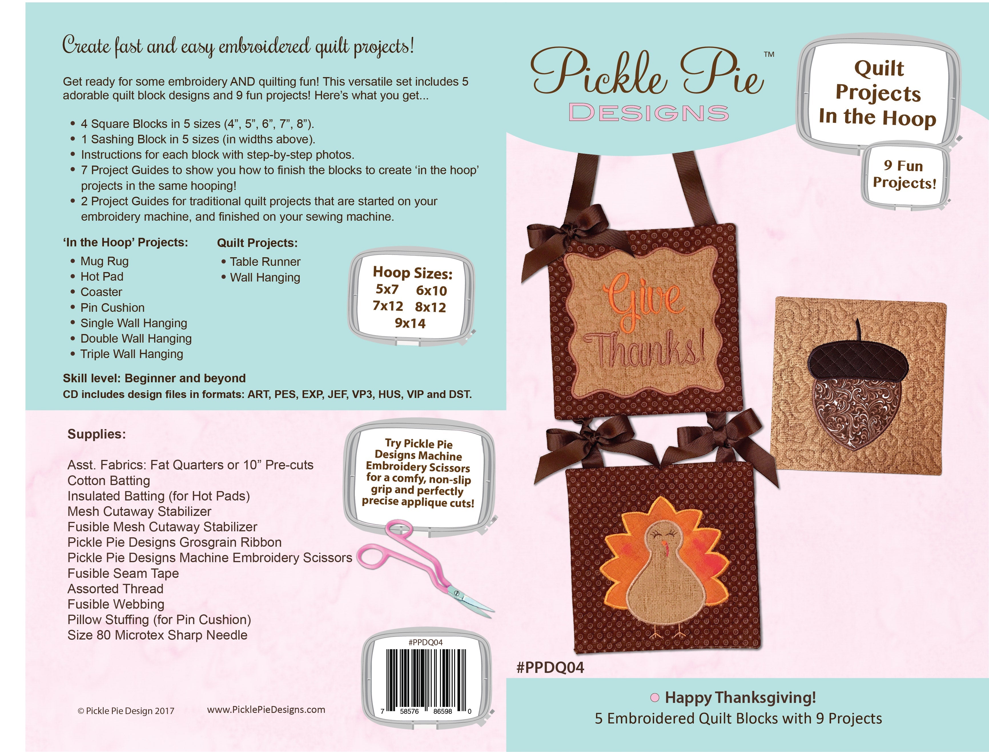 Happy Thanksgiving Quilt Projects In the Hoop Embroidery Design Collection