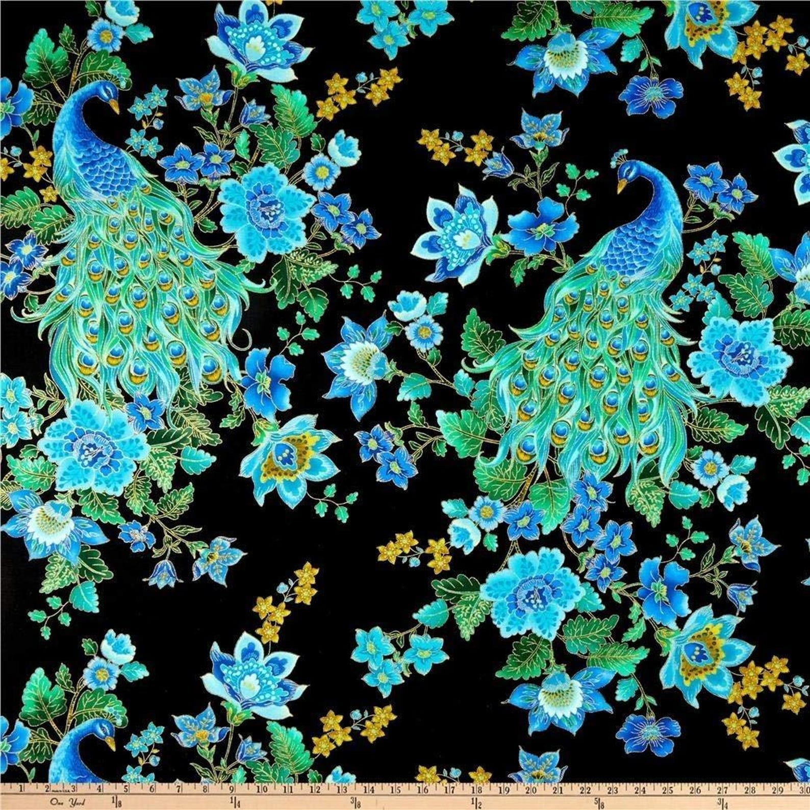 Beautiful Peacock Black Cotton 44"/45" Fabric Per Yard