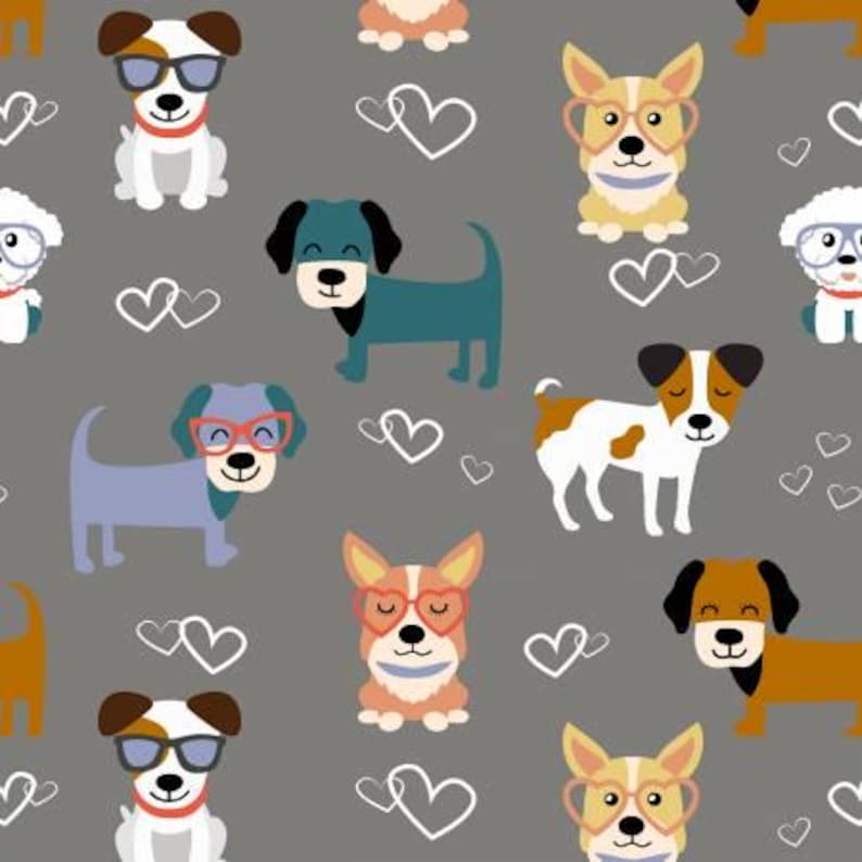 David Textiles Potpourri of Novelty puppy love grey quilting cotton