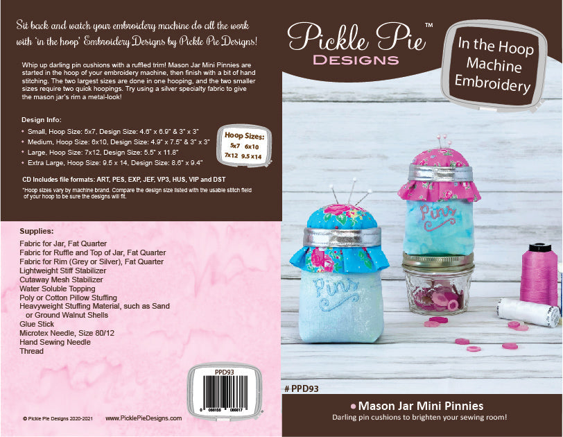 Mason Jar Mini Pinnies In the Hoop Embroidery Design Set